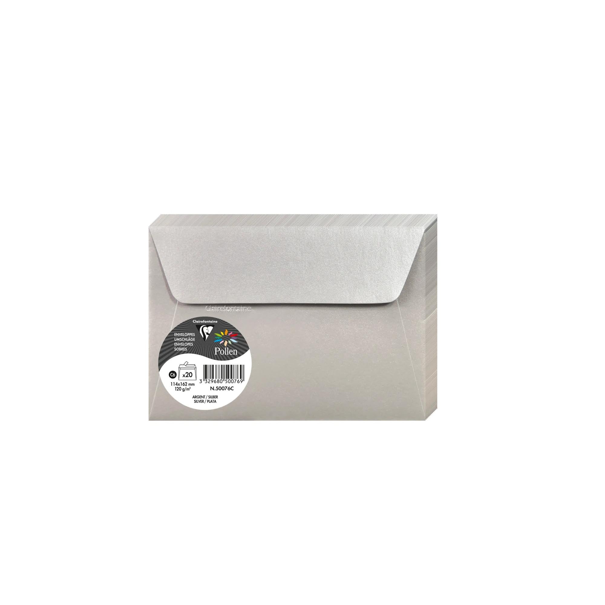 Clairefontaine 50076C Silver Iridescent Paper Pack of 20 Self-Adhesive Envelopes C6 11,4x16,2cm 120gsm Invitation Events Correspondence Pollen Range Premium