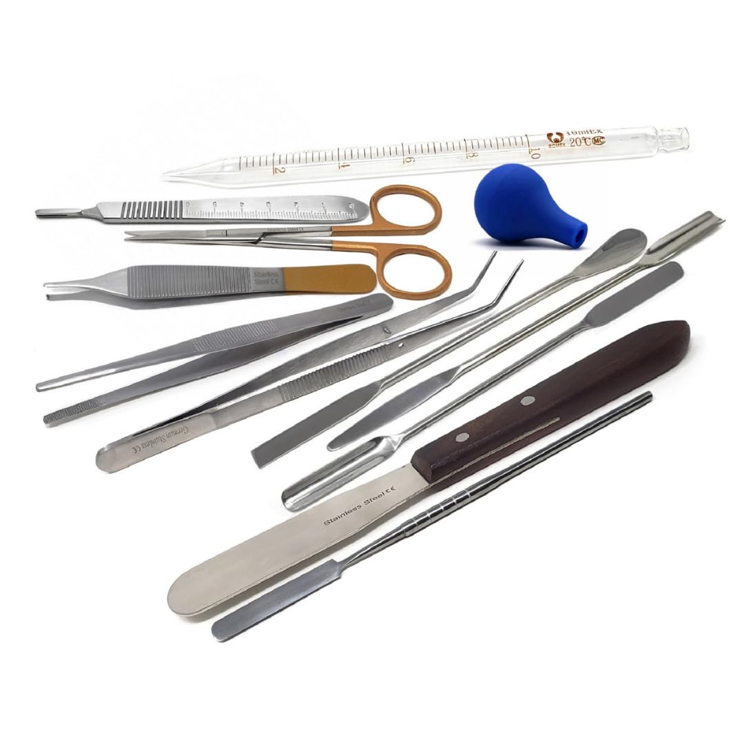 11Pcs Laboratory Sampling Stainless Steel Lab Spatulas Micro Scoop Spoon Kit with Forceps, Dissecting Scissors, Scalpel Handle, Glass Pipette Multipurpose Science Experiment Supplies for Schools