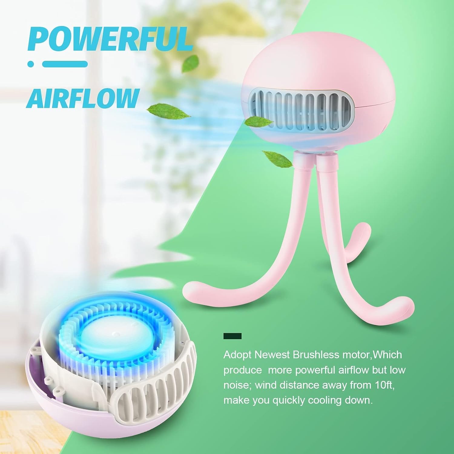 Portable Stroller Fan with Flexible Tripod Legs, Rechargeable Battery Operated Mini USB Fan, Quiet Strong Airflow Personal Fan for Baby Stroller, Car Seat, Travel, Home & Office (Pink)