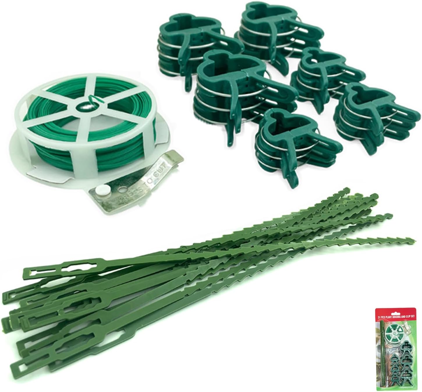 Plant Binding and Clip Set, 31 Pieces, Green Garden Support Ties and Clips for Bundling and Training Plants