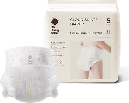 Bc Babycare Cloud Skin Baby Diapers, Size 5 27+ lbs, 22 Count Ultra Soft & Dry, Leak-Proof Overnight Comfort, Hypoallergenic, Totally Chlorine-Free