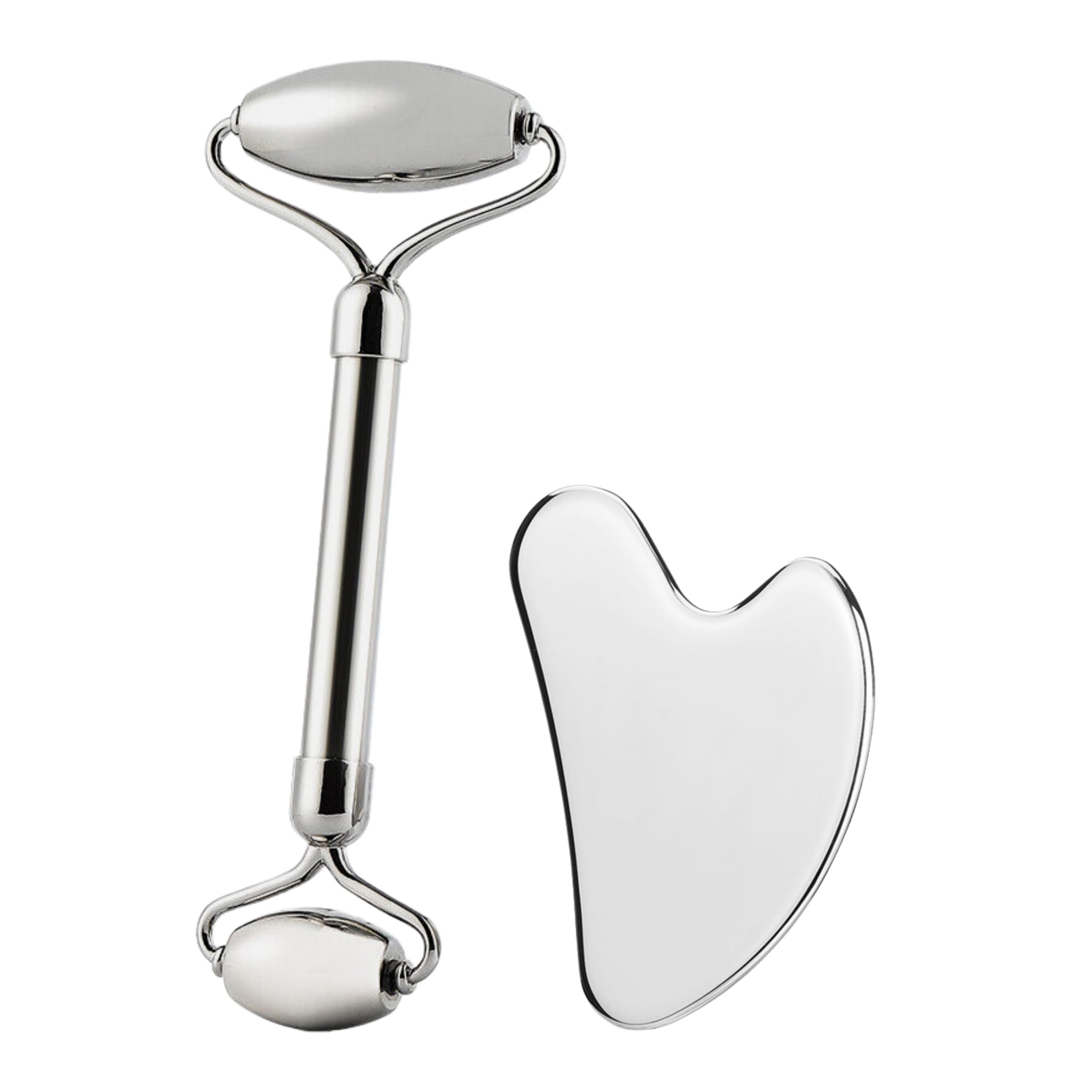 Zestaw Gua Sha i Roller do Twarzy ze Stali Nierdzewnej 304 | Masażer z Efektem Chłodu, Podwójny Roller do Twarzy i Oczu | Drenaż Limfatyczny, Podbródek, Cienie, Worki