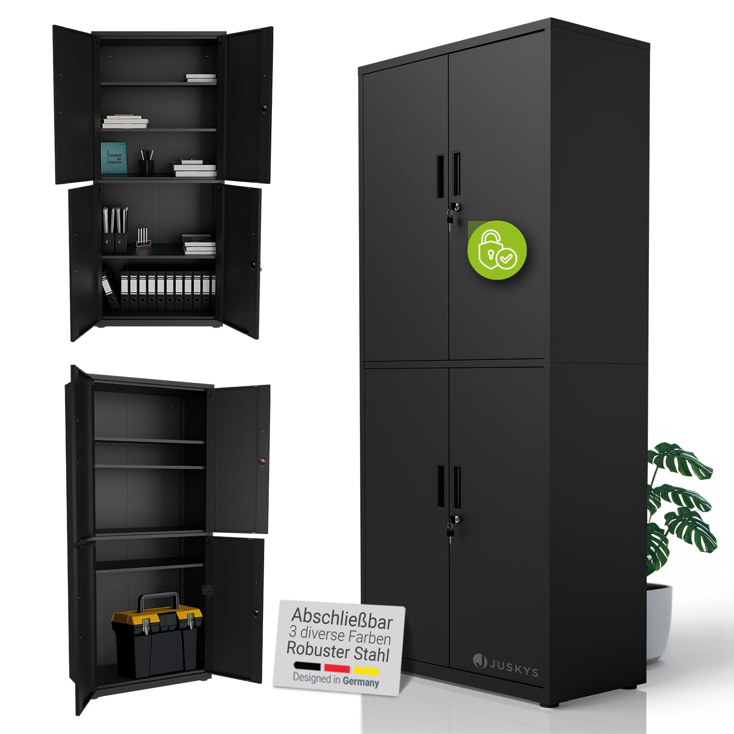 Juskys Aktenschrank aus Metall 180x80x40 cm abschließbarer Büroschrank aus Stahl mit 3 verstellbaren Einlegeböden, höhenverstellbare Füße