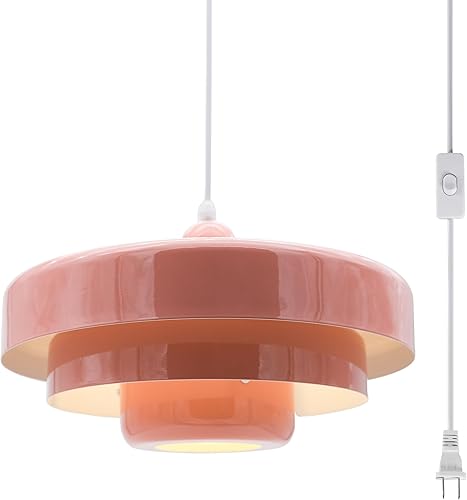 Lámpara colgante rosa enchufable, lámpara colgante moderna de mediados de siglo, lámpara colgante nórdica, iluminación colgante, pantalla de metal