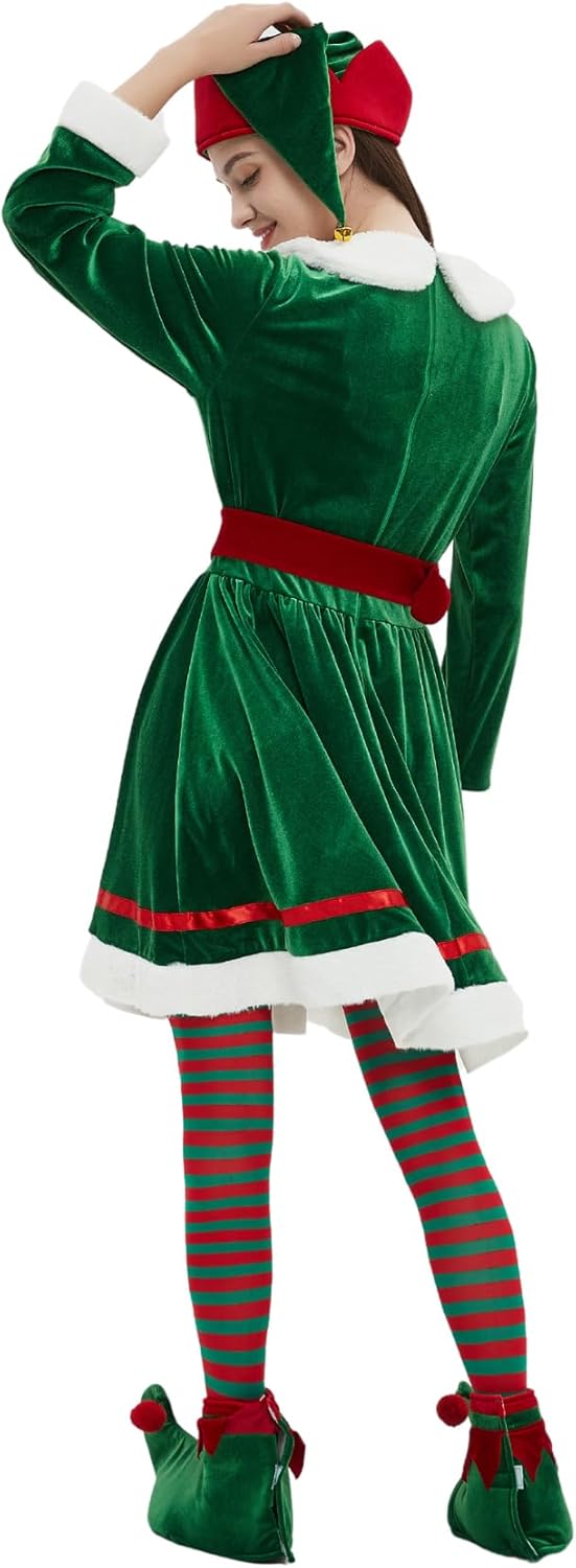Elf Costume for Women Christmas Outfit Dress Adult 5 Pcs Cute Santa Elves Xmas Suit with Hat Shoes Cover Belt Socks