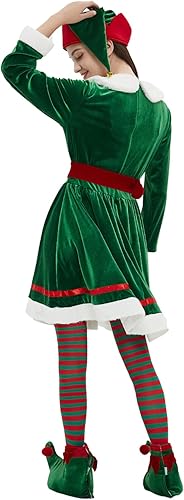Miniatura 3 de Wabolay Disfraz de elfo para mujer, vestido de Navidad para adultos, 5 piezas, lindo traje de Navidad de elfos de Santa con sombrero, zapatos,