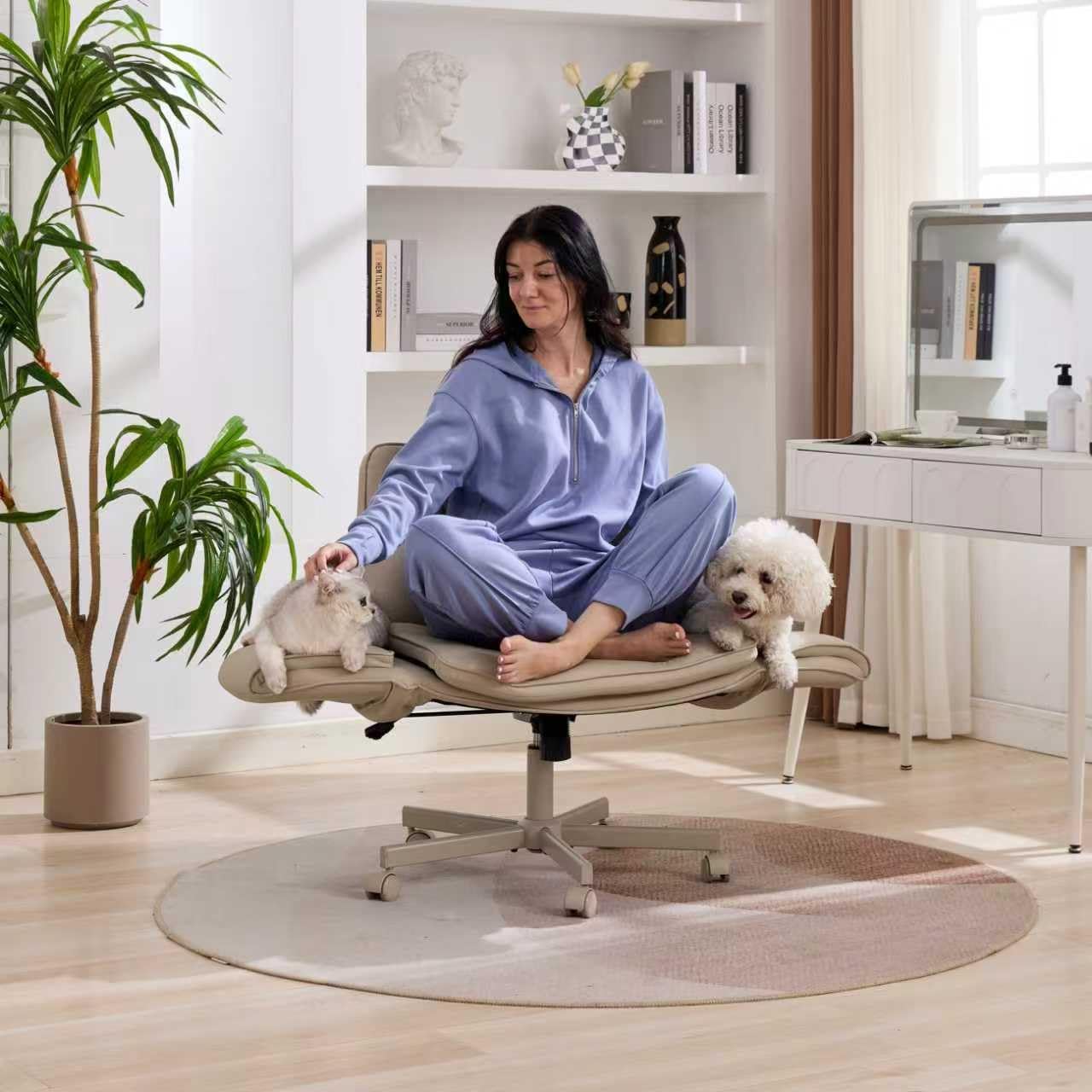 Criss Cross Office Chair with Wheels and Arms, Beige Vanity Chair with Back, Comfy Swivel Cross Legged Office Chairs for Ultimate Comfort and Support, Unique Multifunctional Stylish Arms