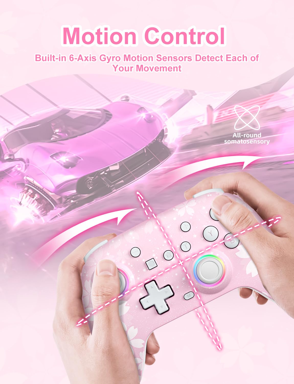 PHNIXGAM Pink Wireless Controller for Switch, Sakura Bluetooth Controller Compatible with Switch 1/Switch 2/Switch Lite/Switch OLED, Windows PC/Steam/Steam Deck/iOS 16.0 and Above/ Android 10.0 and Above, with Programmable Buttons, RGB, Motion Control/Vibration/Turbo - Image 7