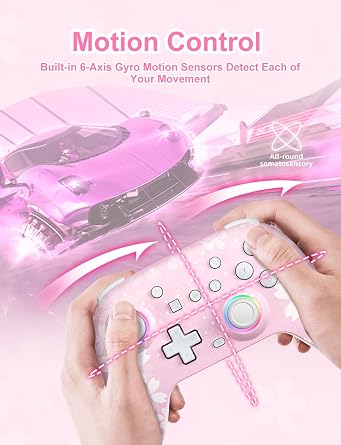 PHNIXGAM Pink Wireless Controller for Switch, Sakura Bluetooth Controller Compatible with Switch 1/Switch 2/Switch Lite/Switch OLED, Windows PC/Steam/Steam Deck/iOS 16.0 and Above/ Android 10.0 and Above, with Programmable Buttons, RGB, Motion Control/Vibration/Turbo