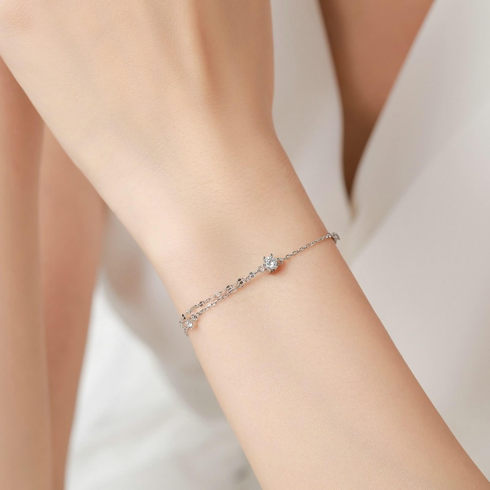 Pulsera de plata, joyería para mujer, pulsera de una sola cara, cadena de doble capa con moissanita, oro blanco de 9 quilates, 16 + 5 cm