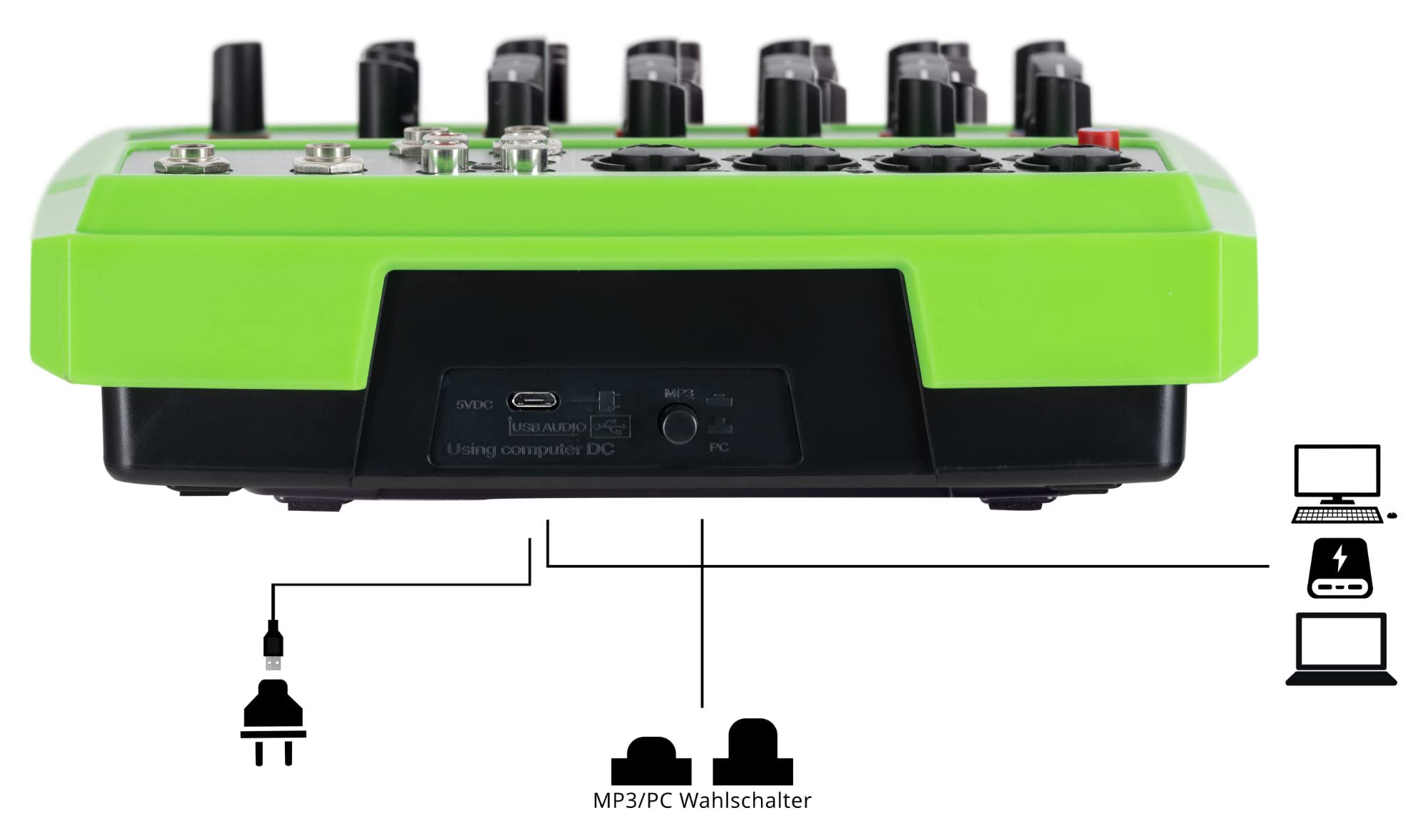 Pronomic Mini6 6-Channel Mixer with Multimedia Player - USB Powered, 4 Combo Jacks, Stereo Input, Bluetooth®, Audio Interface - Green