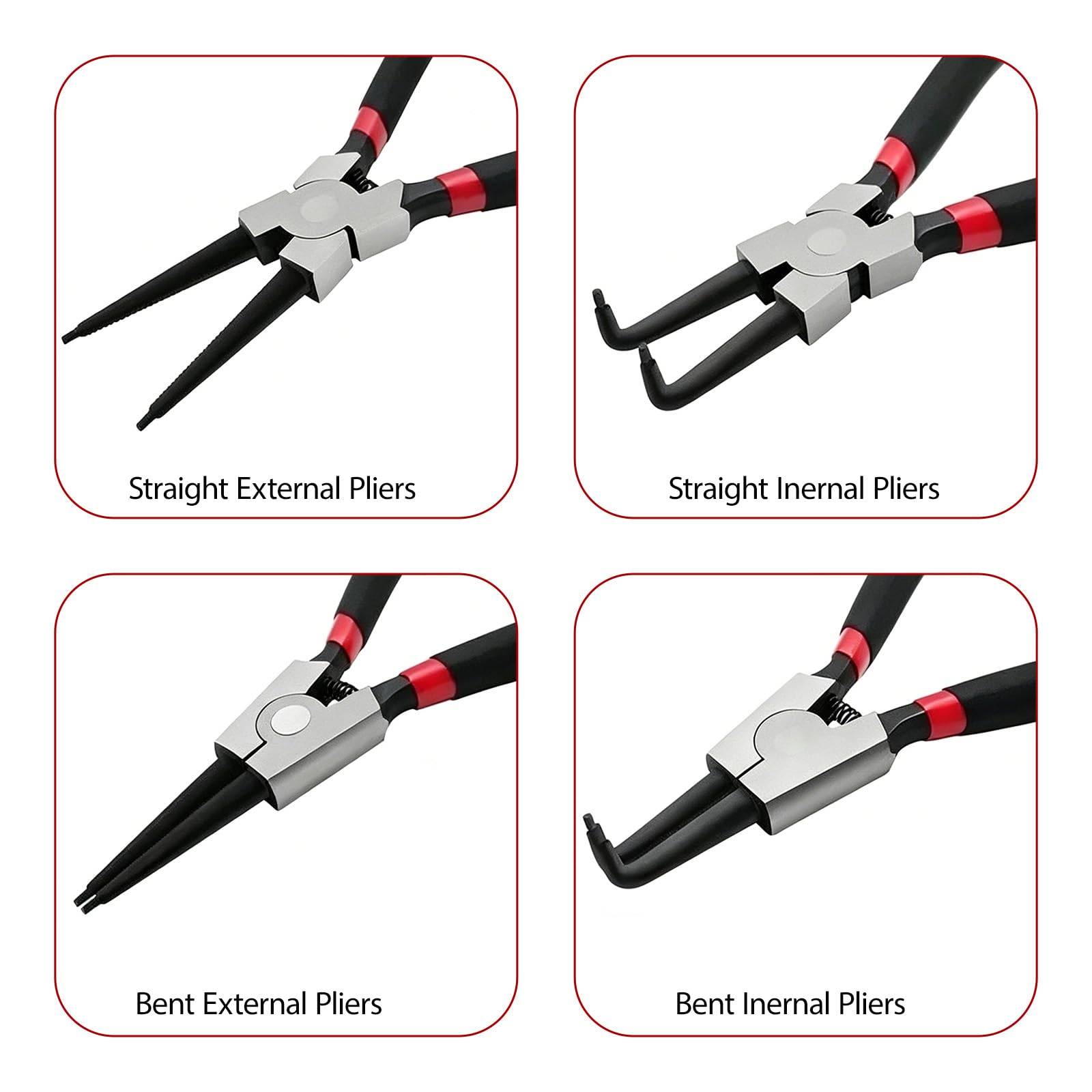 4 Stück Sprengringzangen Set, Sicherungsringzangen, Gerade interne und externe Sprengringzangen, Seegeringzange Set, Kohlenstoffstahl, Anti-Rutsch und Anti-Schweiß ergonomische Griff