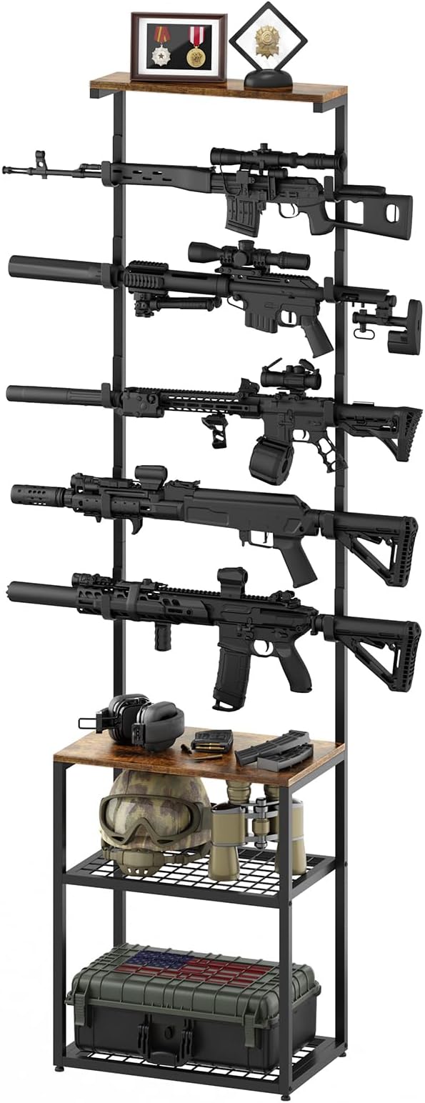 Poyilooo Gun Rack, Indoor Gun Racks for Wall Mount Gun Display Stand, Floor Gun Stand Holds up 5 Guns Storage Airgun Rifle Holder Hunting Gun Shelf (Black, Medium-17.3" L)