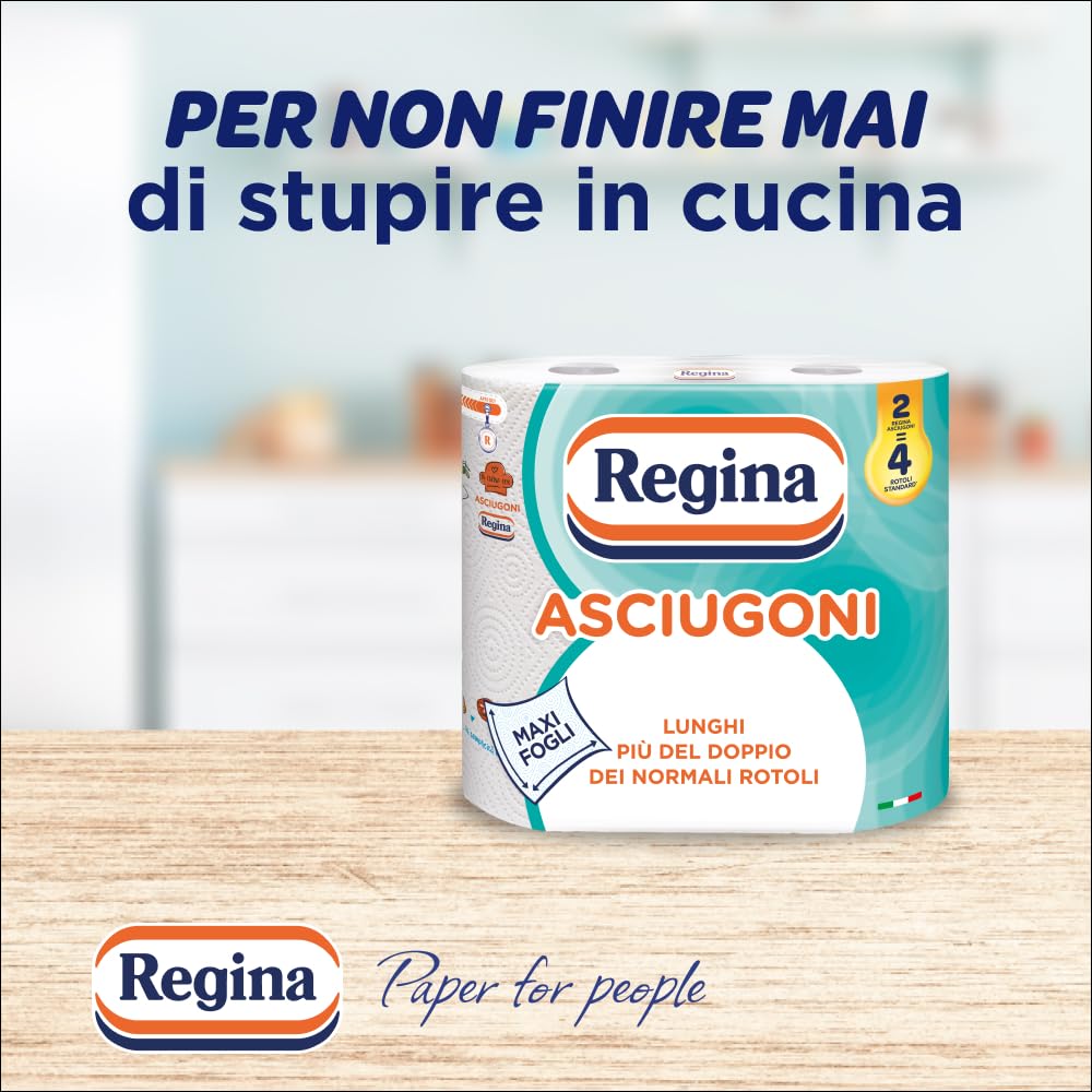 Regina Asciugoni Carta Cucina, Confezione da 24 Rotoli a 2 veli, 100 strappi per rotolo, Maxi fogli, Lunghi più del doppio dei normali rotoli, Carta 100% certificata FSC