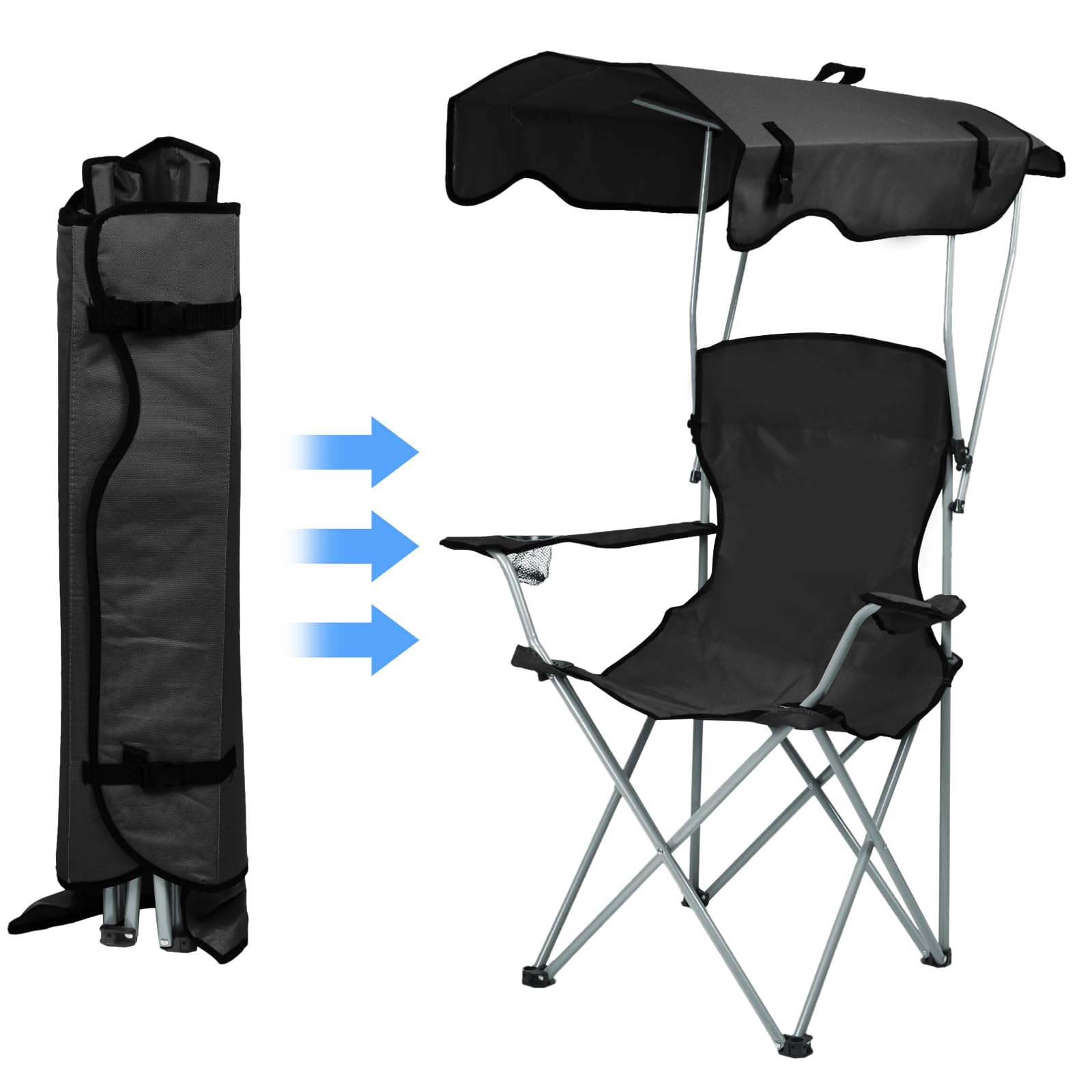 Chaise Pliante pour Voyages, Pêche, Festival - Noir avec Parasol et Porte-gobelet