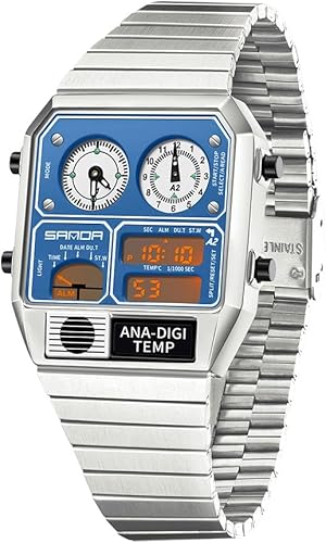 Miniatura 2 de MASTOP Reloj digital analógico cuadrado retro con pantalla de temperatura 3 zonas horarias retroiluminación luminosa 164.0 ft alarma impermeable