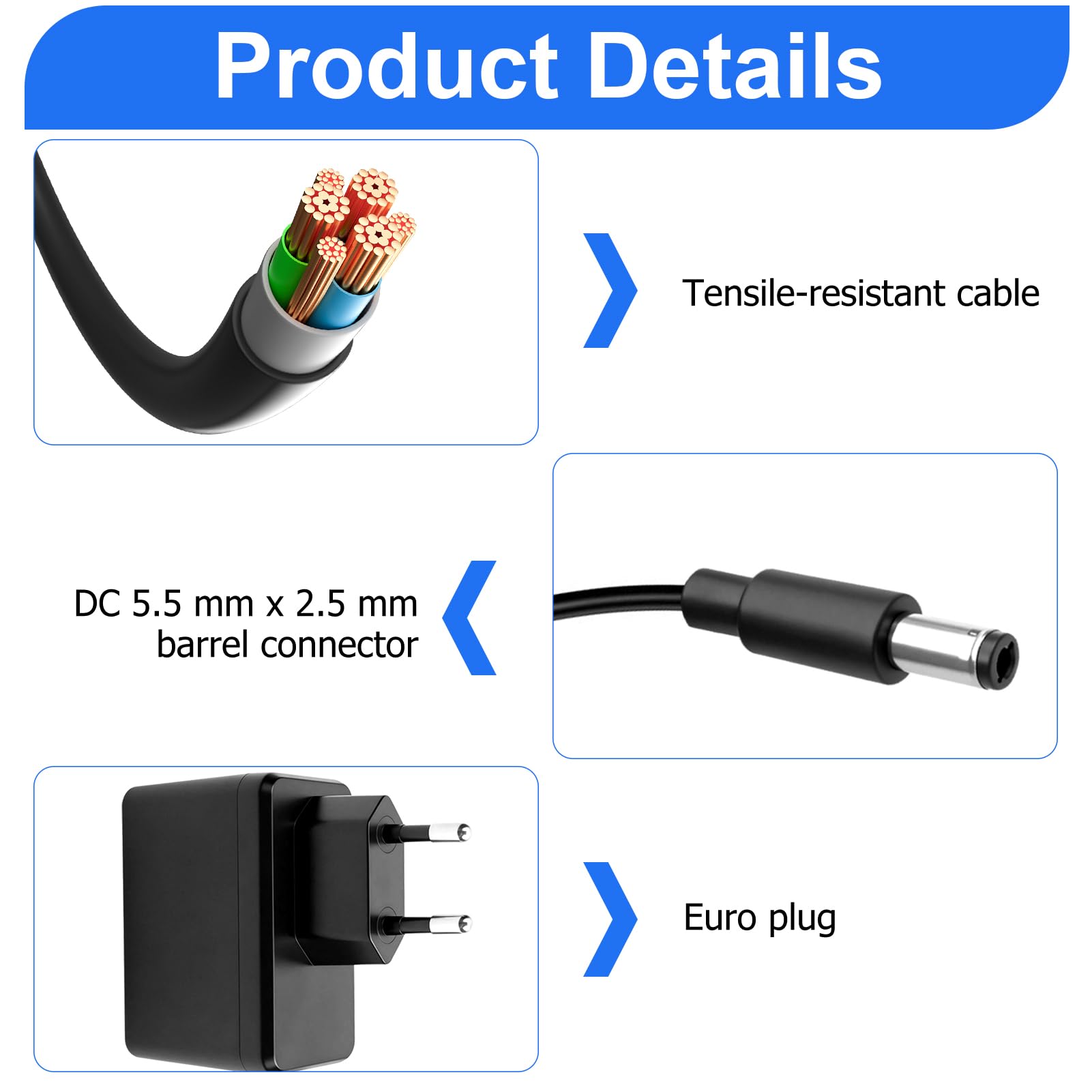 Adattatore Alimentazione 12V 1,5A Universale, Alimentatore AC/DC 100–240V con Presa Jack DC 5,5×2,5 mm, Caricatore per TV Box, Strisce LED, Router, Telecamere, Lampade, Cavo 1.5 m