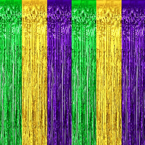 Image of 4 Pack Mardi Gras Foil Fringe Curtain Backdrop, 3.28Ft x 8.2Ft Gold Green Purple Metallic Tinsel Foil Fringe Streamers Curtains for Photo Booth, Wedding, Birthday, Carnival Party Decoration
