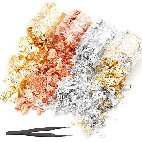 AIEX 4 Flaschen Blattgoldvergoldungs Flocken Metallic Folien Flocken mit Pinzette für Harz, Nageldekore, Handwerkliche…