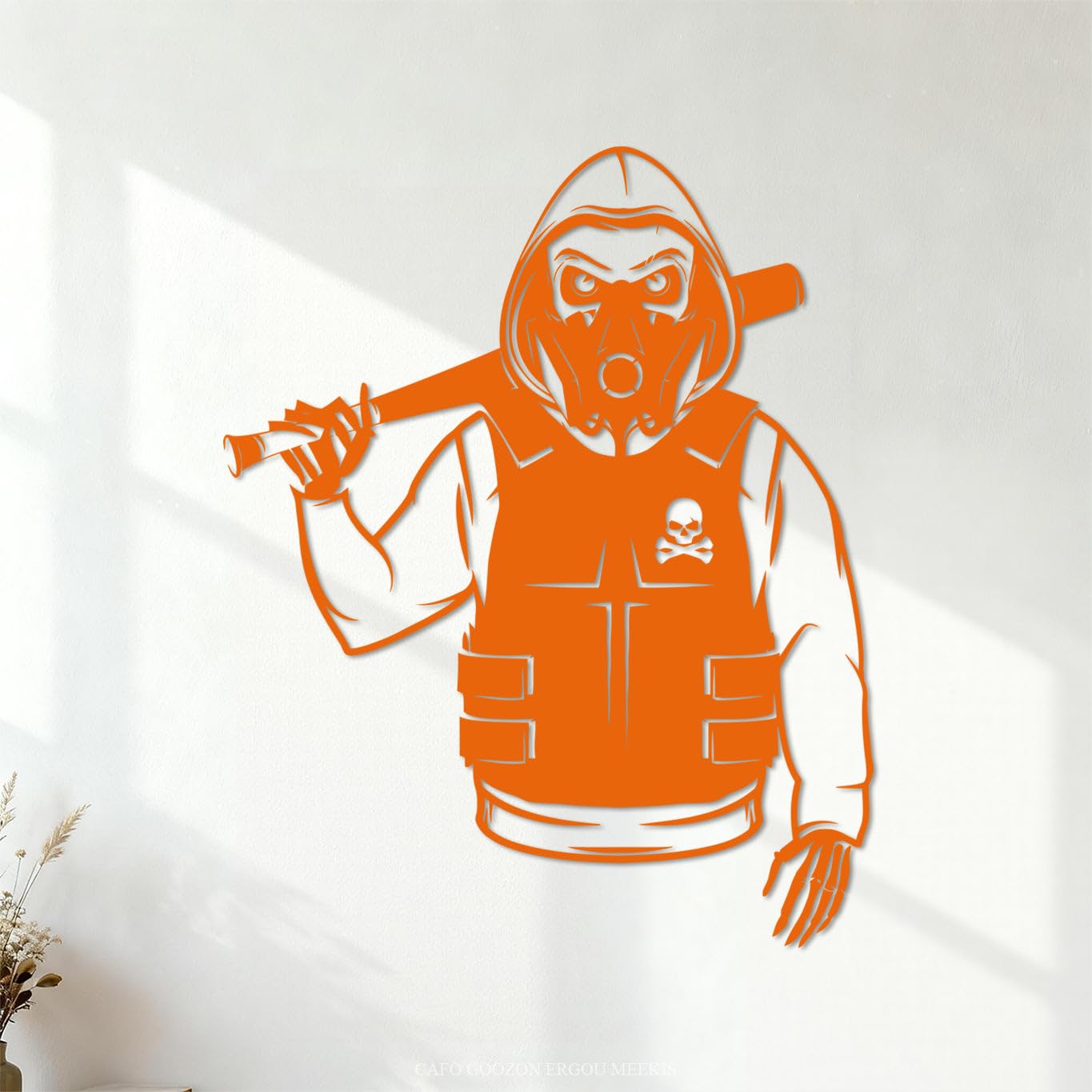 Wall Decals Hooligan Skeleton with Baseball Bat 34x41.9cm Easy Installation Orange