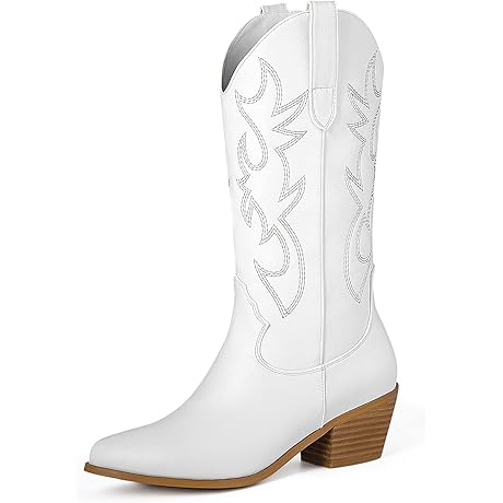 Women's Mid-Calf White Embroidered Cowgirl Boots
