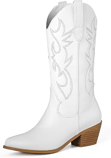 Women's Cowboy Embroidered Western Cowgirl Mid Calf Boots, Pointed Toe Medium Chunky Heel 5cm Stitching Pull-on Boots