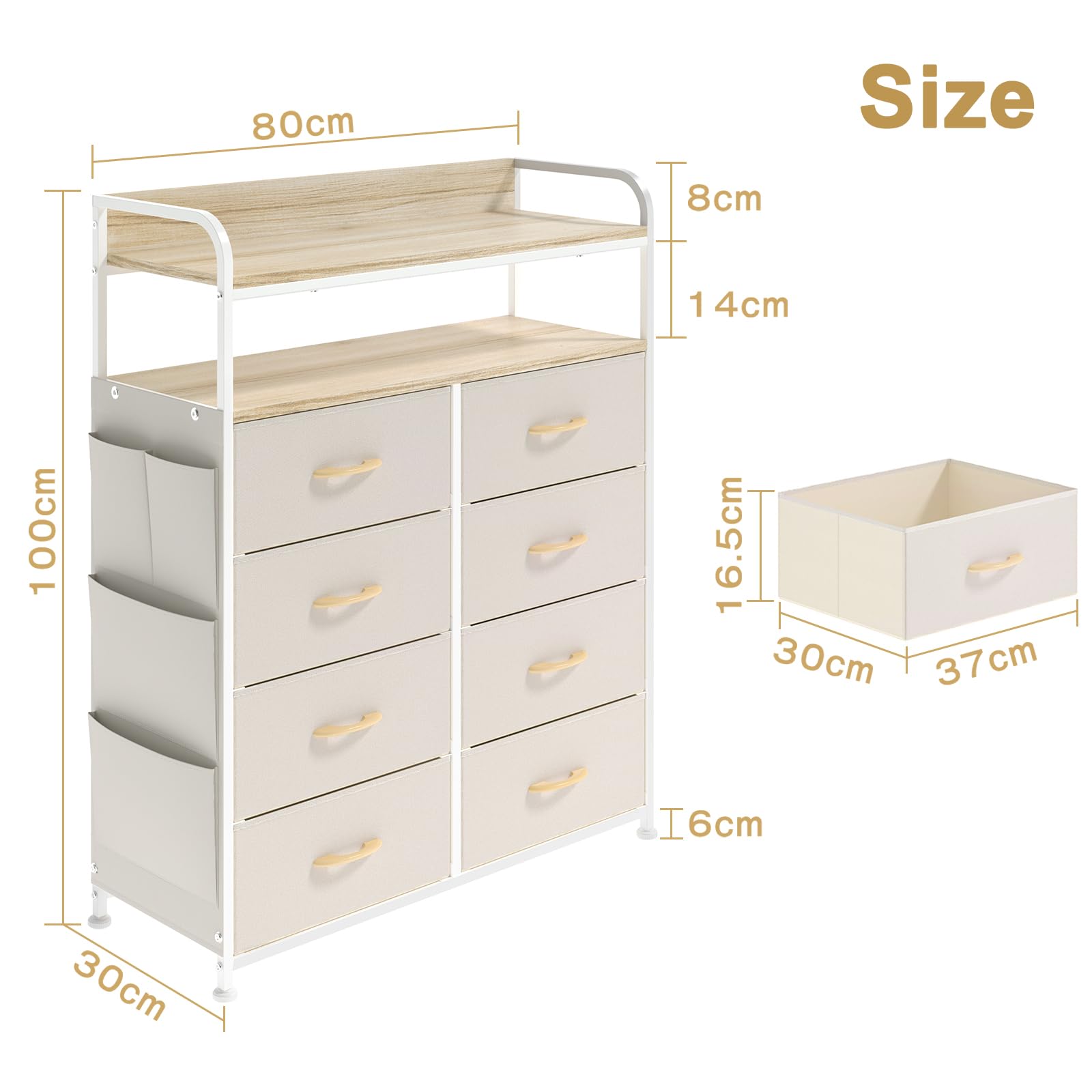 Cassettiera in Tessuto, Cassettiera per Camera da Letto, 8 Cassetti in Tessuto, 4 Tasche Laterali, Credenza con Doppio Ripiano in Legno per Soggiorno, Ingresso, Camera da Letto, Beige