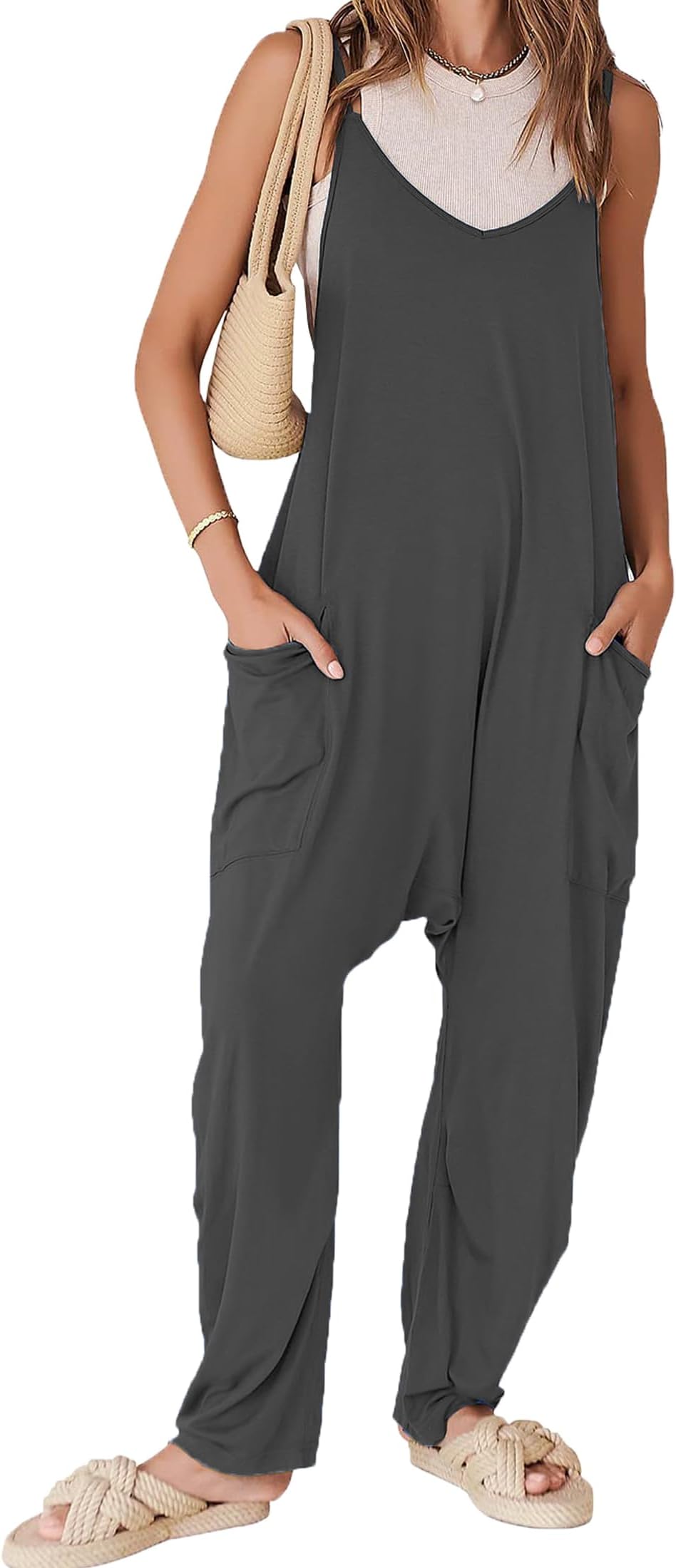 MurimiaWomen's Casual Rompers Sleeveless Loose Spaghetti Strap Baggy Overalls Jumpsuit with Pockets
