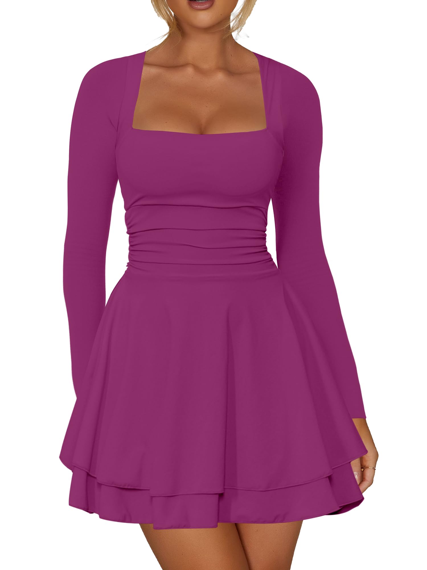 Kaximil Women's Corset Long Sleeve Party Mini Dress | Square Neck Ruffle Hem Ruched Waist Going Out Birthday Short Dresses