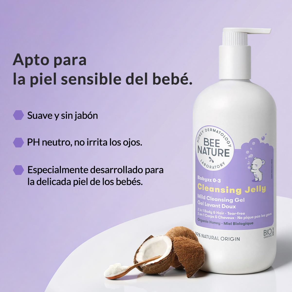 Bee Nature - 2 en 1 Gel de Ducha Suave para Bebé - Hidratante y Sin Lágrimas - Alivia el Eczema - Miel Médica Estéril Segura - Certificado Orgánico - 99% Natural - 500ml