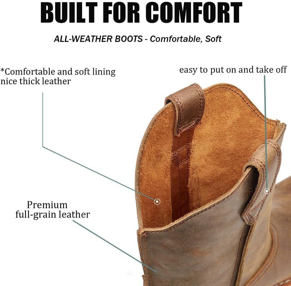 SUREWAY Western Boots - Men’s Square Toe Work Boot,Pull On Leather Wellington Boots,Durable Classic Slip Resistant Soft Toe Cowboy Boot - Image 6