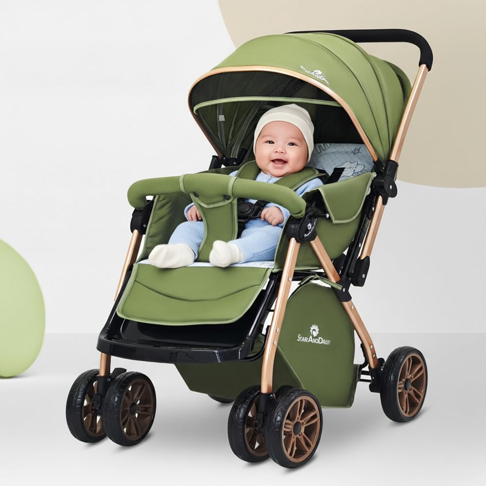 StarAndDaisy Foldable Baby Stroller for 0-3 years Infant & Toddler / Travel Pram for Baby with 360° Swivel Lockable Front Wheels , Multi-Level Recline & Adjustable Footrest , Removable Tray , Safety Harness Belt -Green-image-20