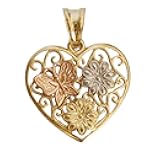 SHOP WGS Italian 14K Solid Yellow Gold Multi-Tone Gold Butterfly and Flowers Heart Shaped Pendant for Women 14K Real Gold Jewelry Gifts