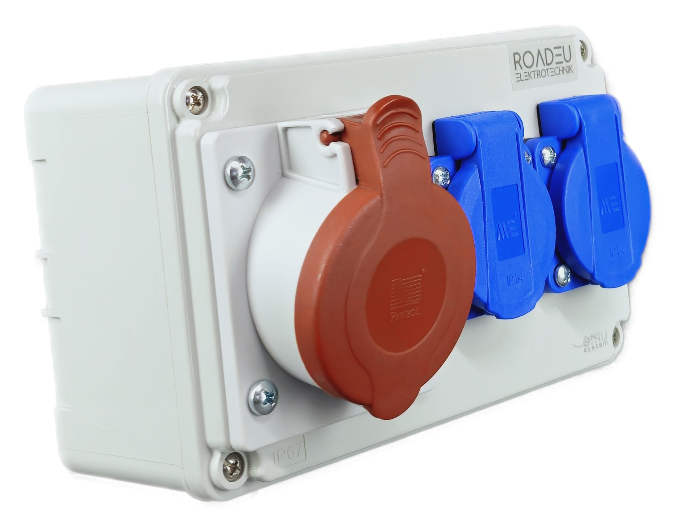 RoadEu - Toma de pared combinada - CEE 16A y 2x Schuko - Distribuidor de enchufes - Distribuidor de corriente de 16A, IP44 Ideal para Taller, Cobertizo y Fábricas.