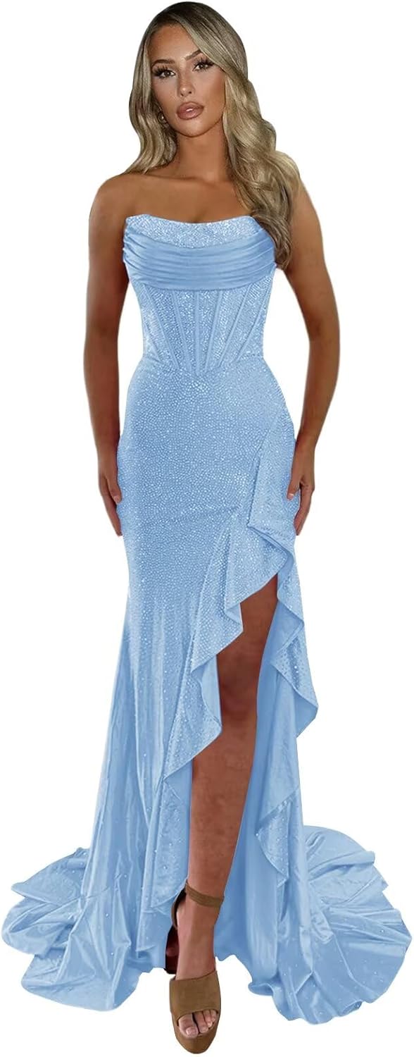 Xijun Women's Strapless Sparkly Sequin Prom Dresses 2026 Mermaid Ruffles Long Formal Evening Dress with Slit