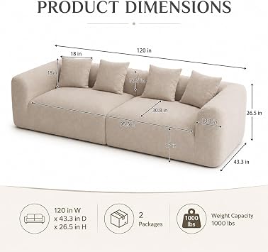 120 Curved Sofa Sectional Modern Boneless Cloud Couch, Light Brown
