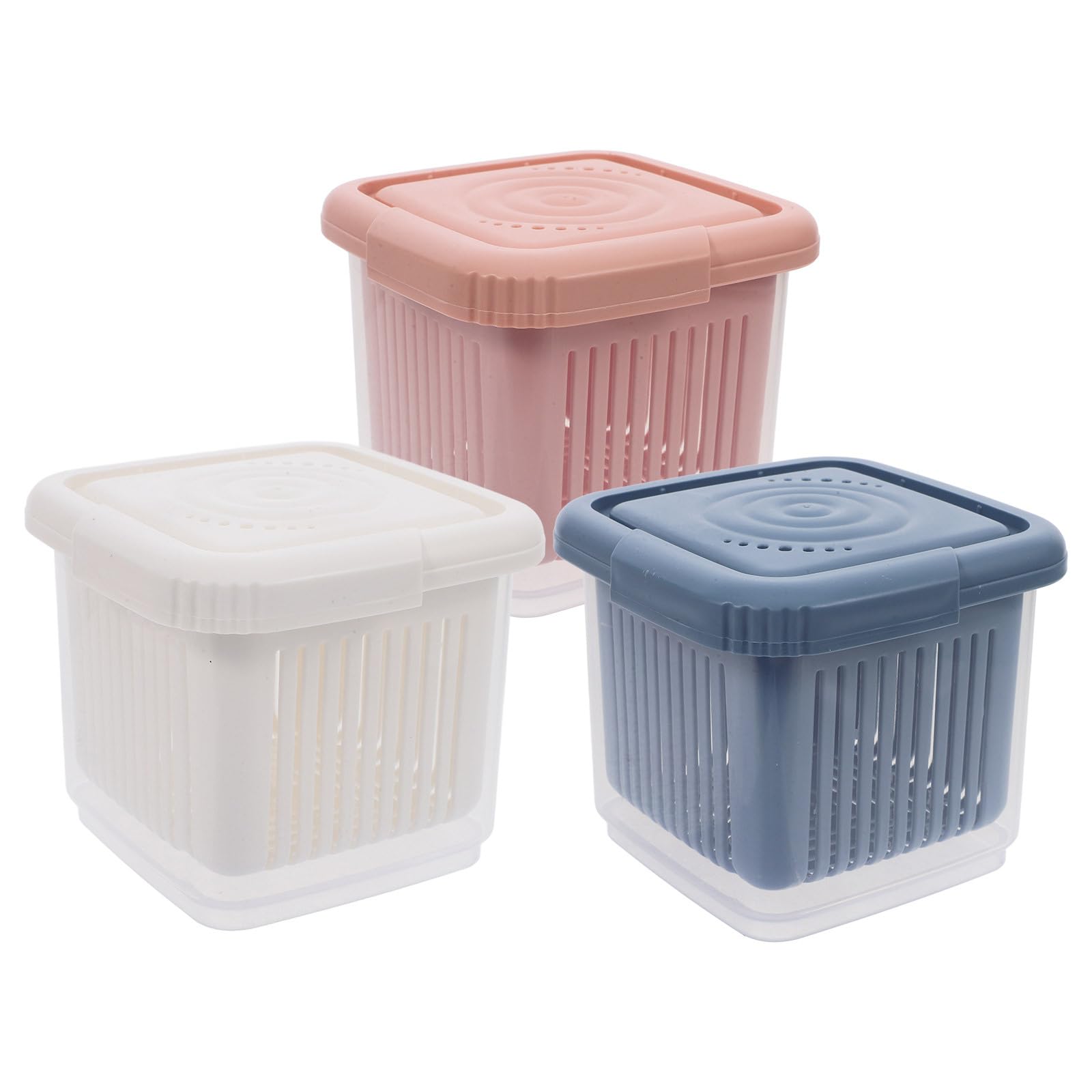 DOITOOL 3Pcs Fresh Box Food Storage Containers with Drain Baskets and Lids - 4.3 Inch Compact Fridge Organisers for Fruits Vegetables Salads (Pink & Blue & White)