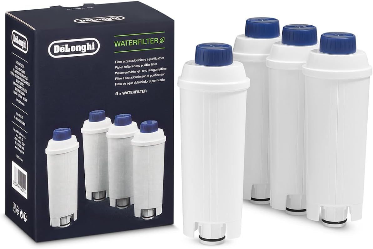 De'Longhi Water Filter DLSC321 - Softener and Purifier for Coffee Makers, Active Carbon Filter for Machines, Maintenance Accessory, 8 Months Duration, 4 Filters