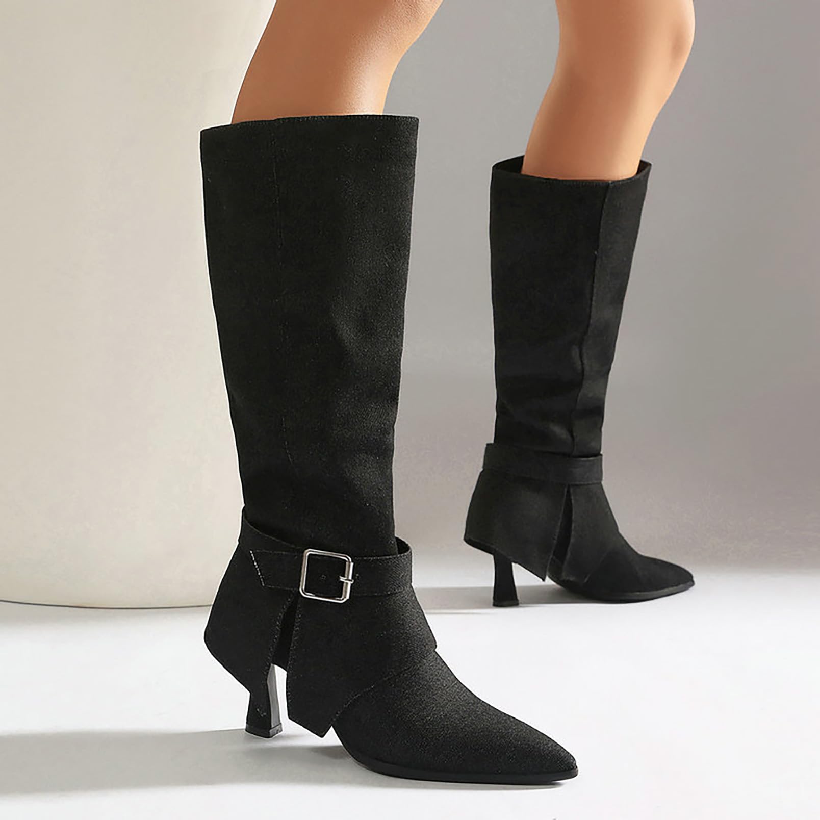 Generico Stivali Donna Alti Scarpe PU Tacco Largo Moda Casual Autunno Inverno