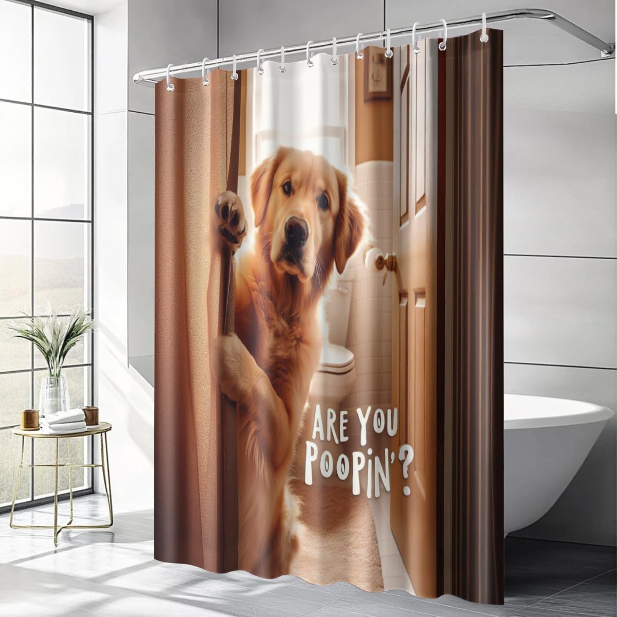 Cute Shower Curtain for Bathroom Funny Cat Dog Shower Curtain are You Poopin' Curious Kitty Whimsical Joke Humor Themed (Golden Retriever)
