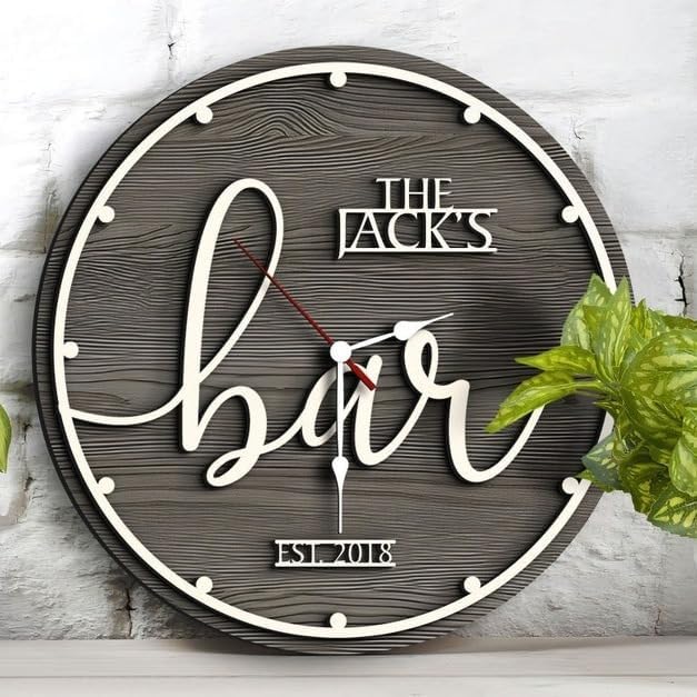 JINMA Personalized Vintage Wooden Texture Wall Clock- Custom Name Letter Round Clock for Kitchen Living Room Bathroom Christmas Housewarming Gifts