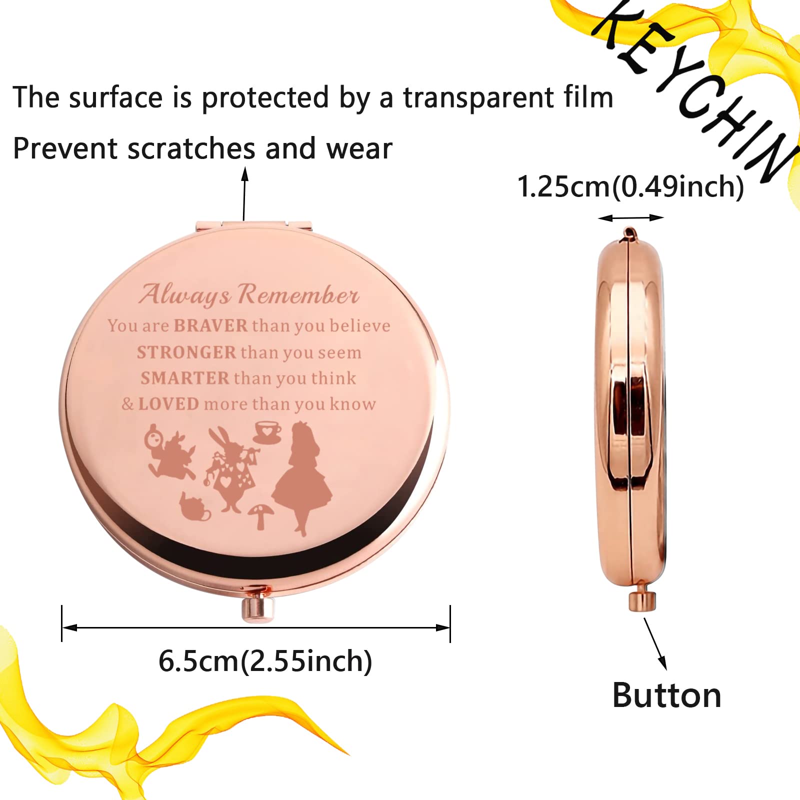 KEYCHIN Alice Fans Pocket Mirror Alice Fairy Tales Gift Always Remember You are Braver Stronger Smarter Than You Think Compact Makeup Mirror (Alice-RG)