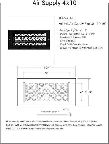Miniatura 6 de Achtek - Rejilla de ventilación de suministro de aire de 4 x 10 pulgadas con apertura de conducto (total 5-12 x 11-34 pulgadas), cubierta de