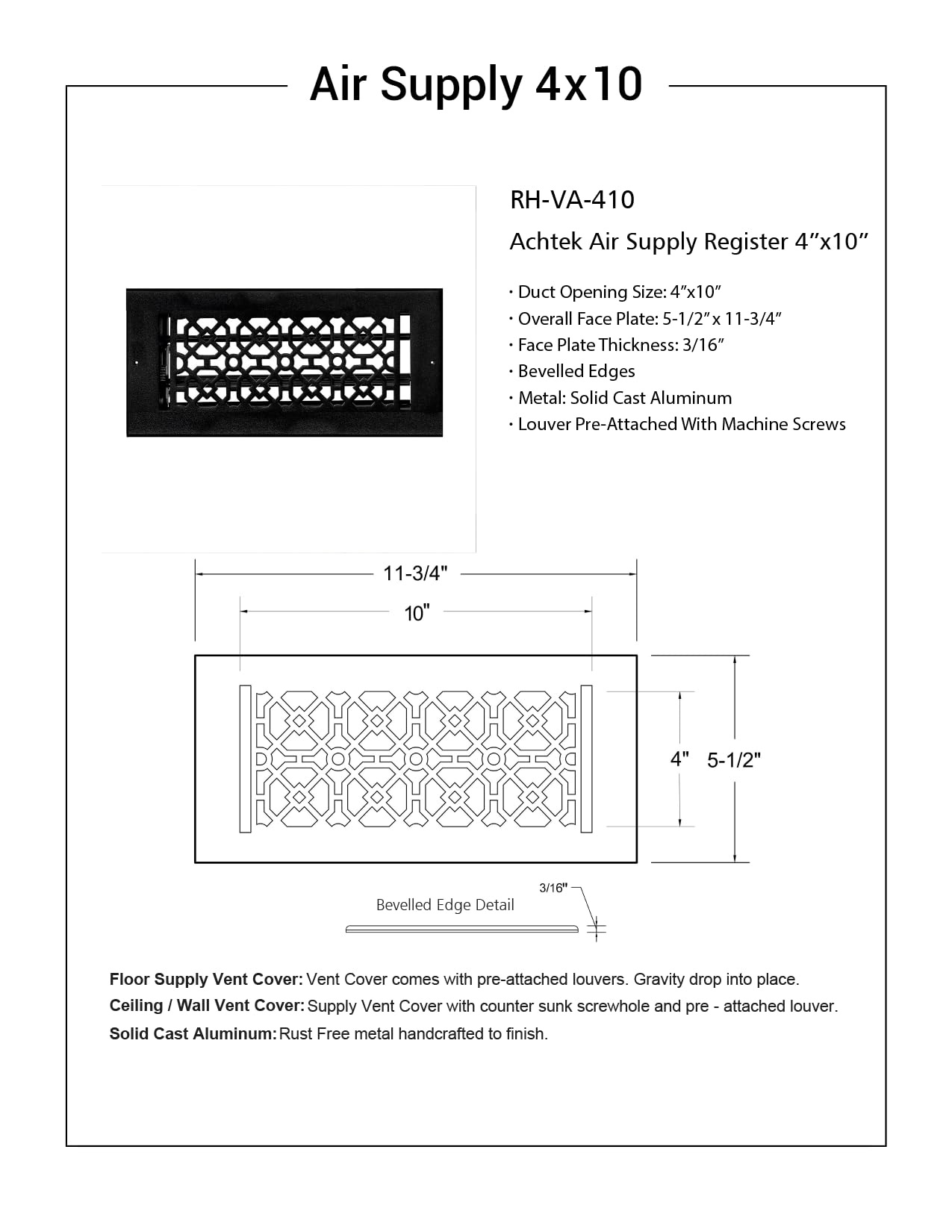 Achtek Lüftungsschlitz, 10,2 x 25,4 cm, Kanalöffnung (insgesamt 13,7 x 29,5 cm), massiver Aluminiumguss, Registerabdeckung für Wand/Decke, nicht für Boden, pulverbeschichtet, weiß mit abnehmbarer
