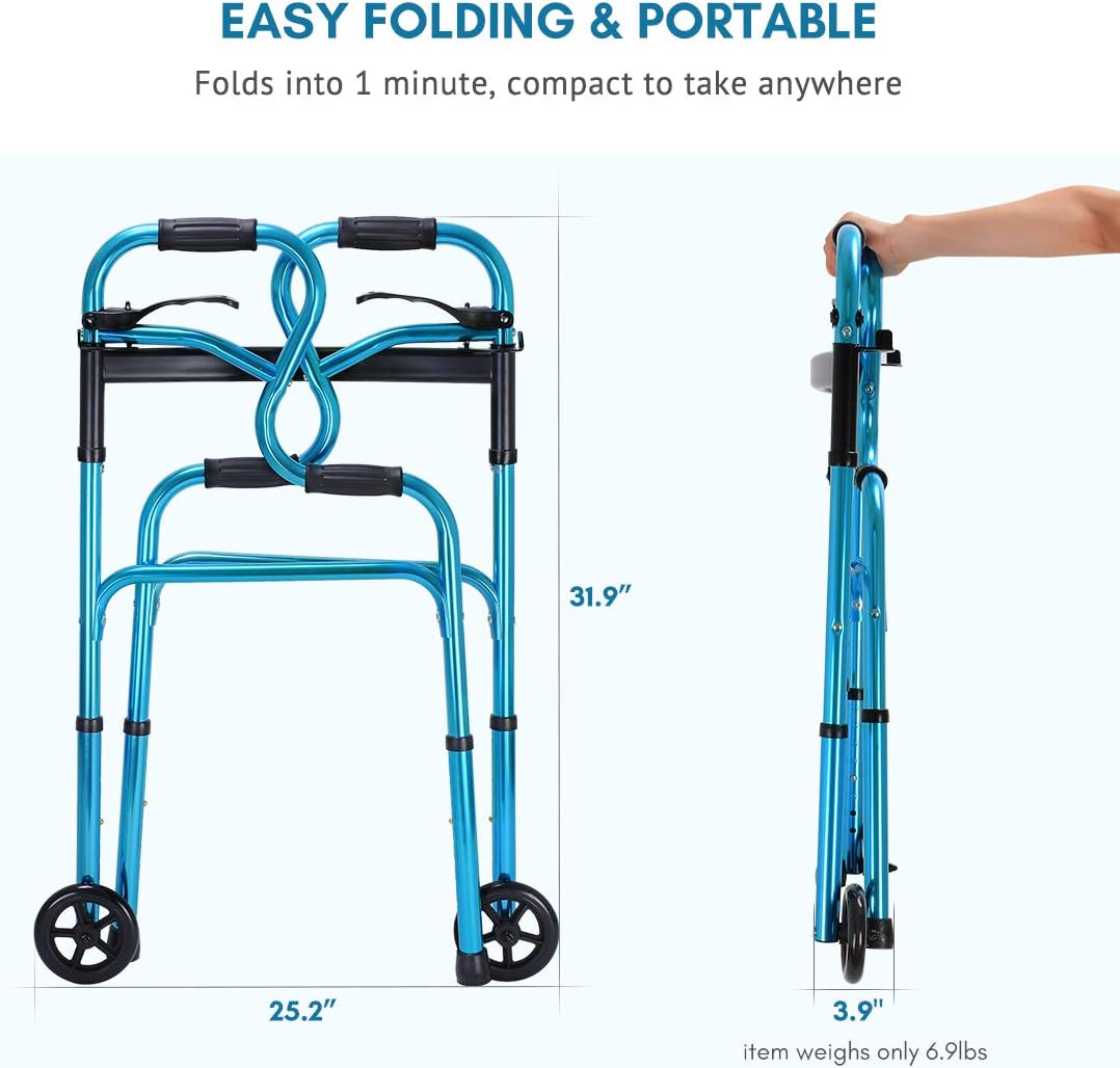 Health Line Massage Products 3-in-1 Stand-Assist Folding Walker with 5" Wheels Supports up to 350lbs, Walking Mobility Aid with Glide Skis, Can be Used as Toilet Safety Rail, Compact & Portable, Blue : Health & Household