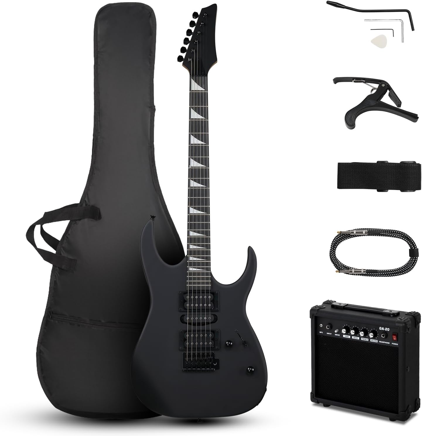 Bonnlo 39″ Electric Guitar Beginner Kit with 20W Amp, HSH Pickups Electric Guitars with Cable Strap Picks Bag, Full Accessories for Beginner (Matte Black)