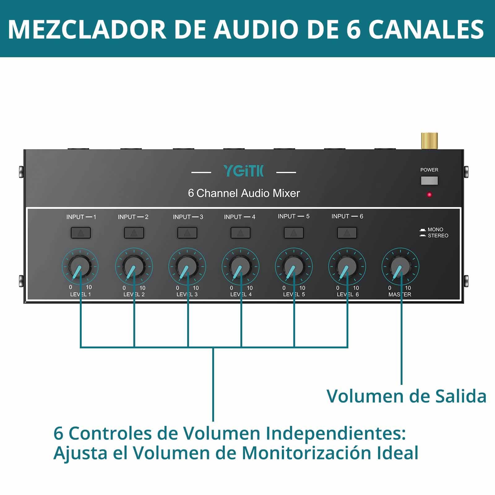 Mini Mezclador de Audio, Mezclador de Línea Estéreo de 6 Canales | 6.35mm+3.5mm TSR Salida de Audio Jack de Entrada para Guitarras, Bajo, Teclados, Micrófono Dinámico