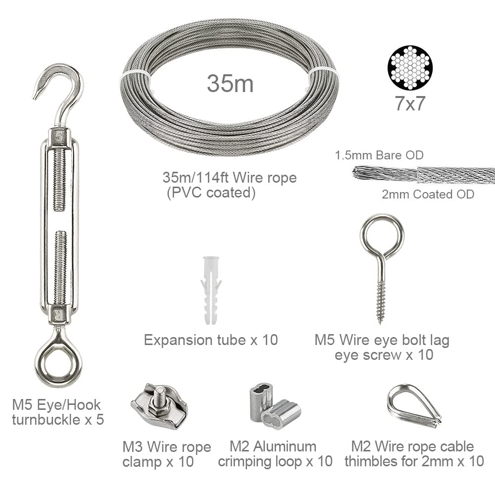 81-teiliges Edelstahl-Drahtseil Set – 50 M X 2 Mm, Mit Spannern, Ösen & Werkzeug, PVC-beschichtet