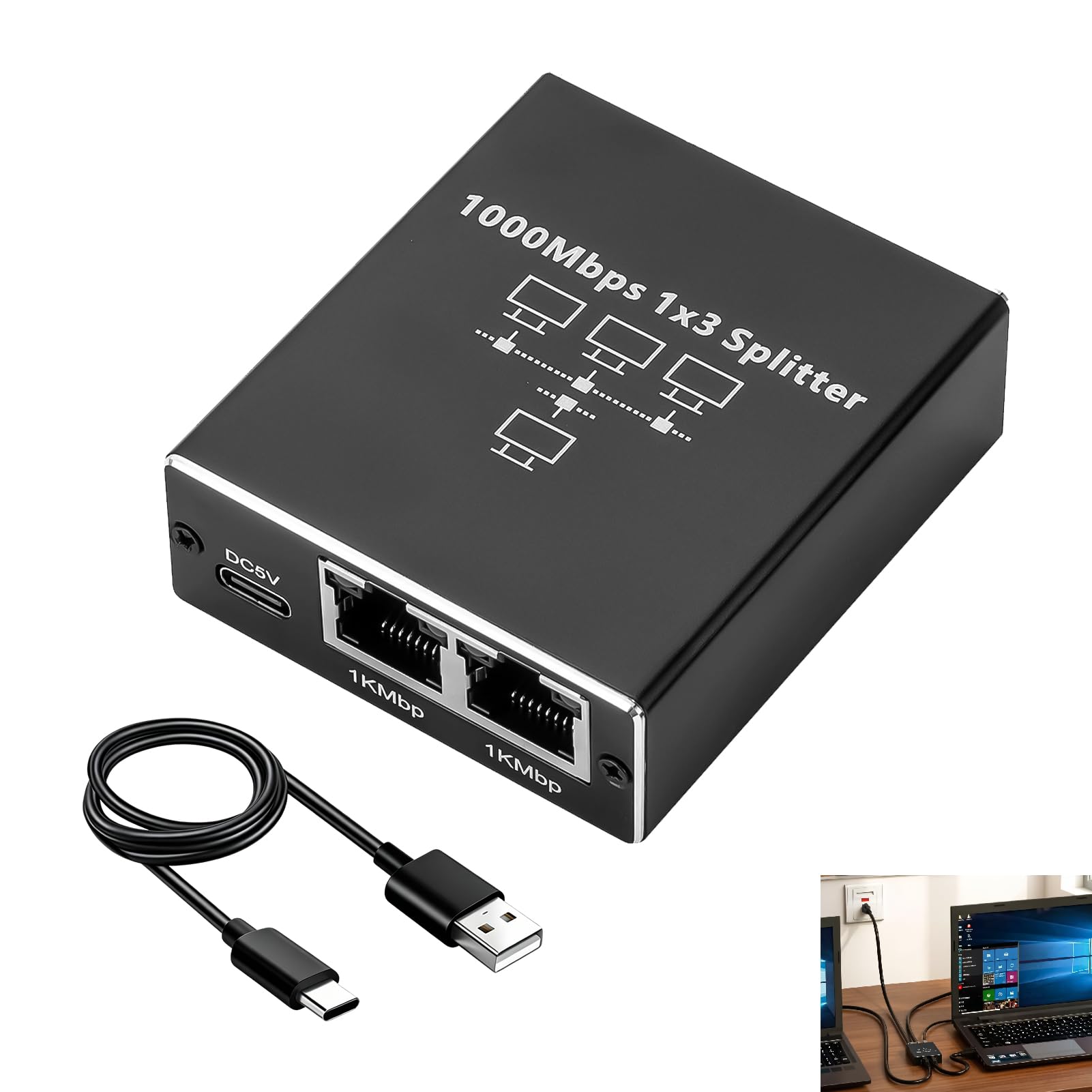 LAN Switch 1 Auf 3, LAN Splitter 1 Auf 3 Gigabit Ethernet Splitter 1000Mbit s, Netzwerk Verteiler mit USB C Stromkabel, Aluminium RJ45 Switch kompatibel mit Router PC TV Set Top Box Cat8 Cat7 Cat6