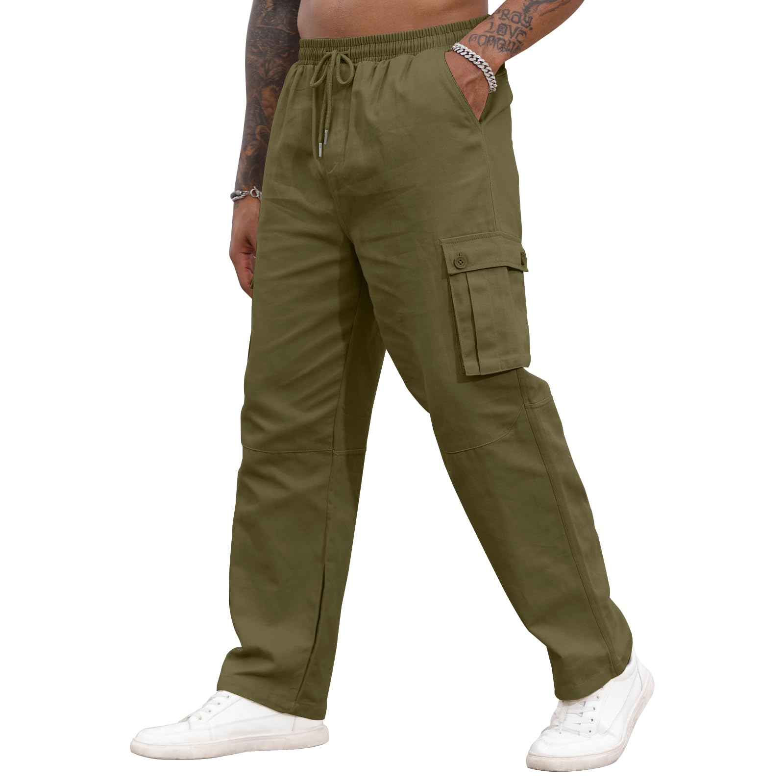 YawYews Men’s Casual Cargo Pants Lightweight Cotton Joggers Stretch Drawstring Sweatpants Loose Hiking Pant with Pockets